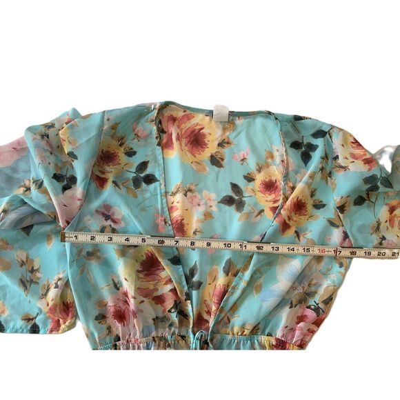 Privy Blue Floral Print V-Neck Long Sleeve Cinched Waist Maxi Dress Wrap Size M - Picture 16 of 16